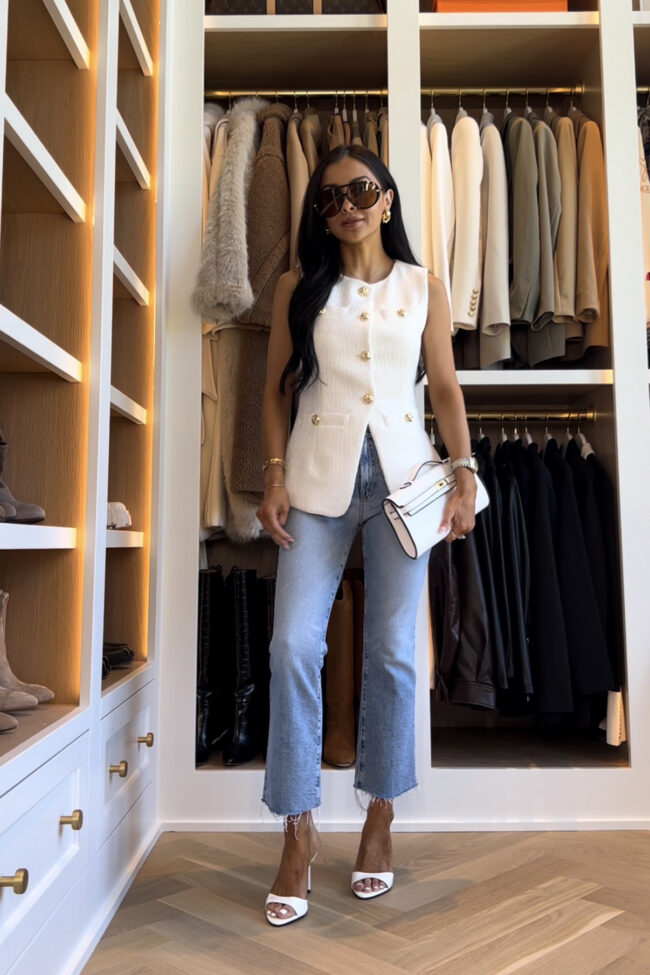 fashion blogger wearing a tweed vest from shopbop for spring