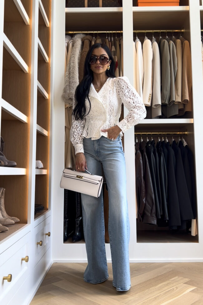 brunette fashion blogger wearing a lace jacket from zara for spring