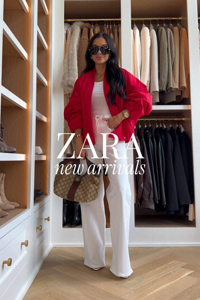 mia mia mine wearing a red bomber jacket from zara with white denim