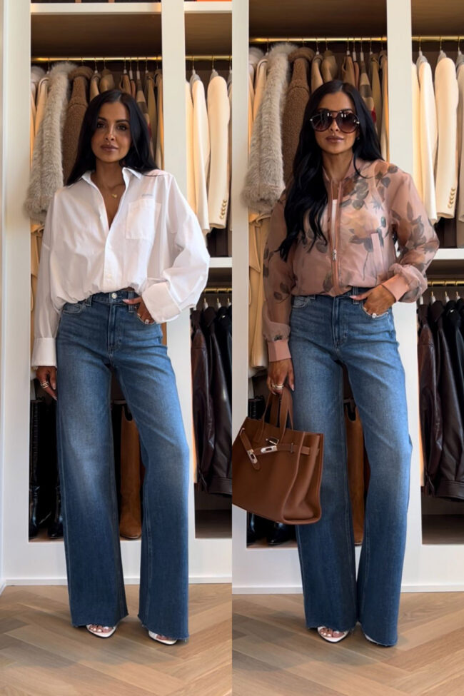 fashion blogger wearing paige anessa wide leg jeans from nordstrom