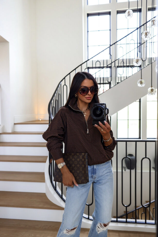 fashion blogger mia mia mine wearing a brown polka dot jacket from target for spring