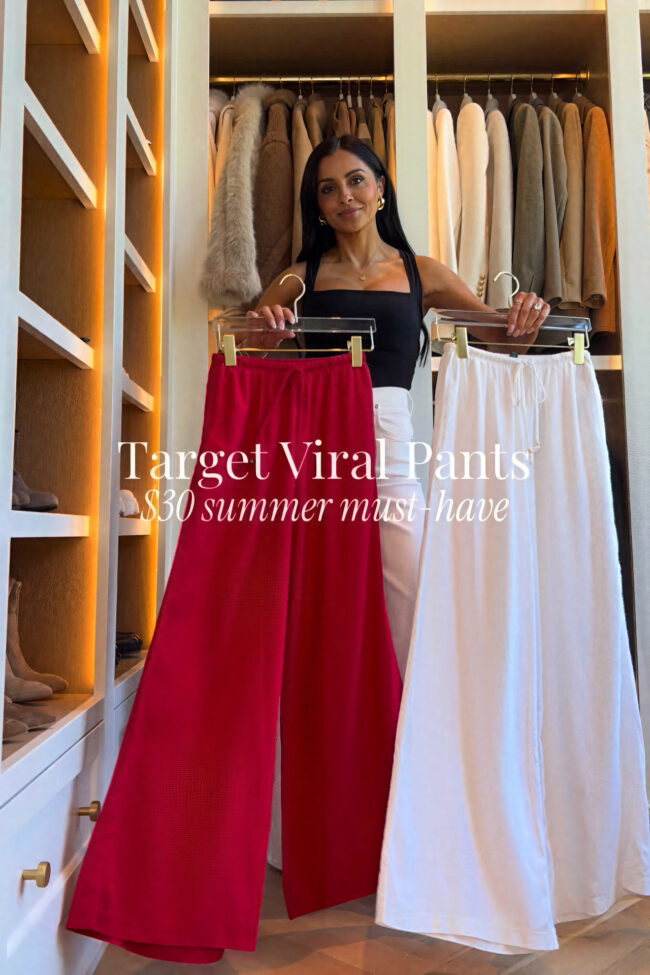mia mia mine wearing the target viral linen pants in red and white