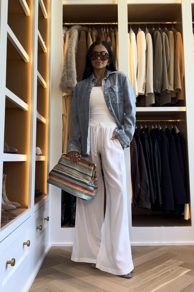 fashion blogger mia mia mine wearing white linen pants and a denim shirt from target