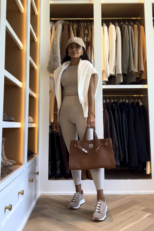 mia mia mine wearing a beige activewear set that looks like alo from amazon