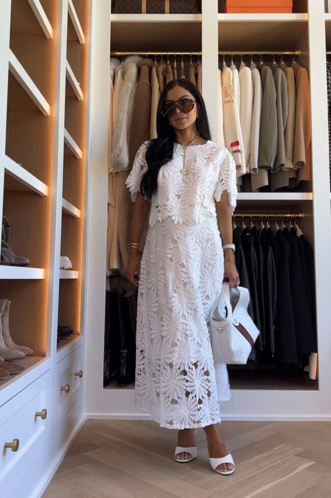 fashion blogger wearing a white lace set from amazon