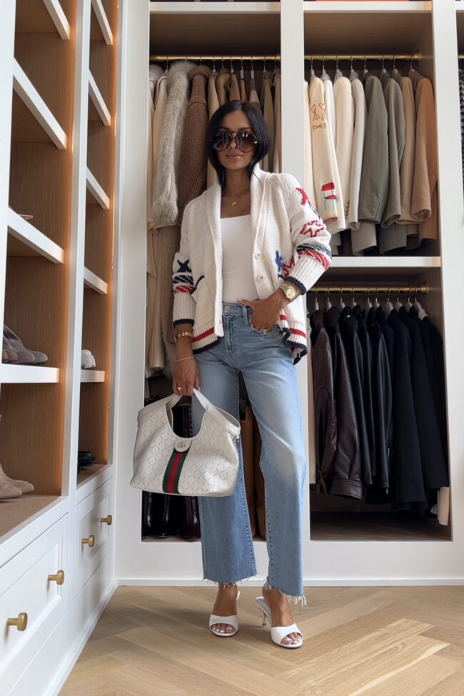 fashion blogger wearing a sail boat cardigan for the 4th of july