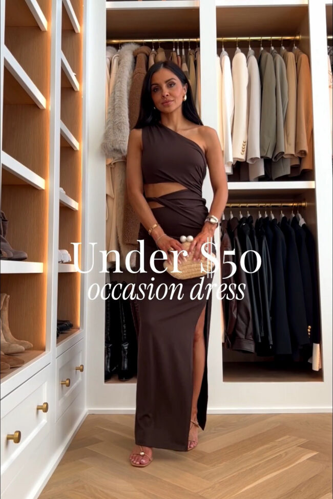 mia mia mine wearing a brown cutout evening dress from amazon