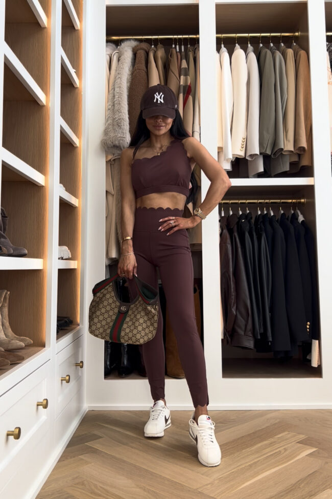 mia mia mine wearing a brown scalloped activewear set from amazon