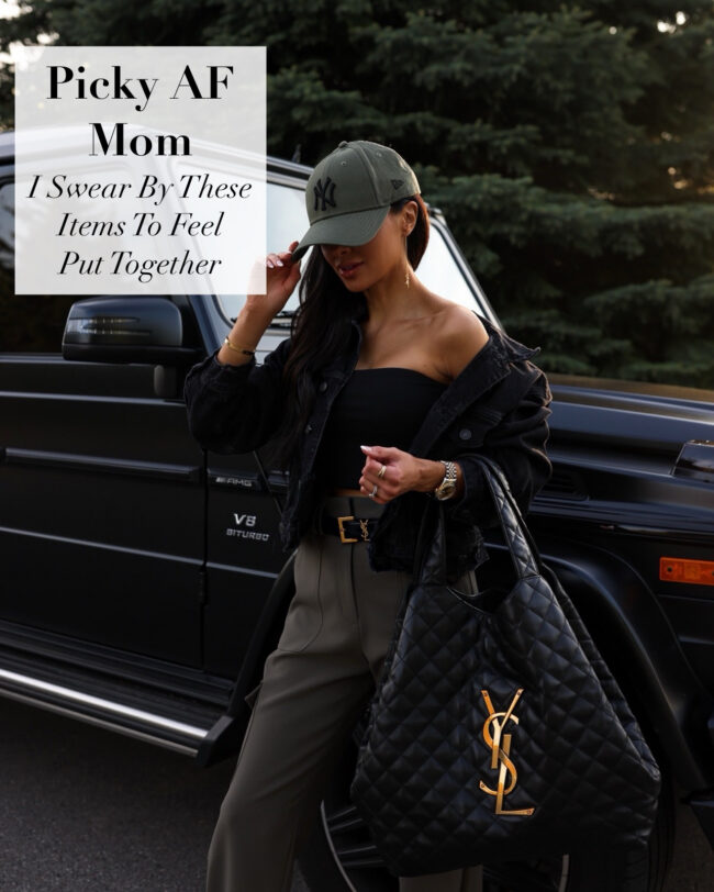 fashion blogger wearing a black and olive green outfit