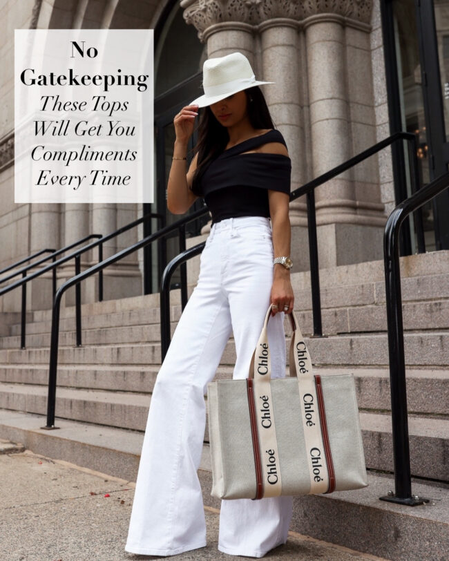 fashion blogger wearing white wide leg jeans for summer