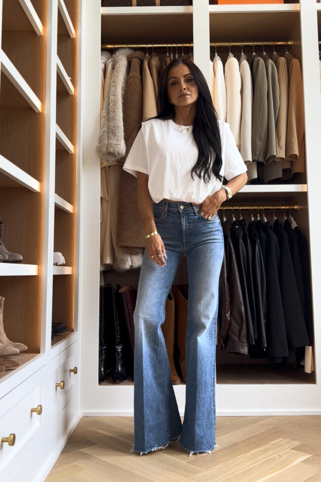 fashion blogger wearing mother doozy flare raw hem jeans