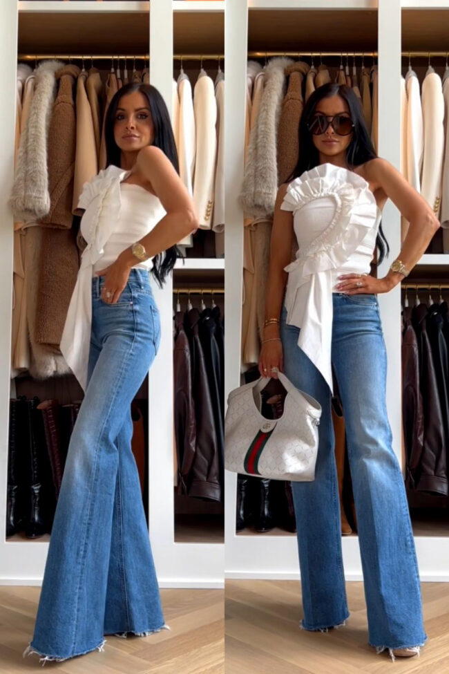 fashion blogger wearing a farm rio top with mother flared denim