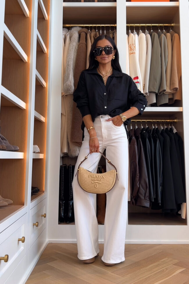 mia mia mine wearing a black linen shirt from nordstrom