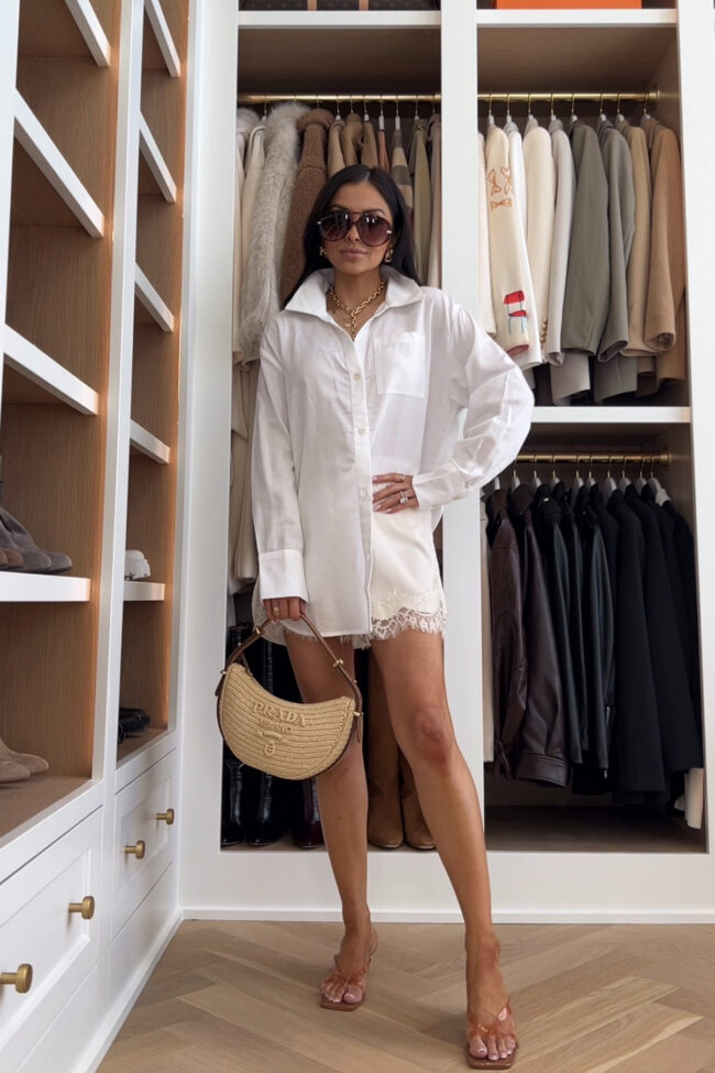 fashion blogger wearing a white shirt and nordstrom lace shorts