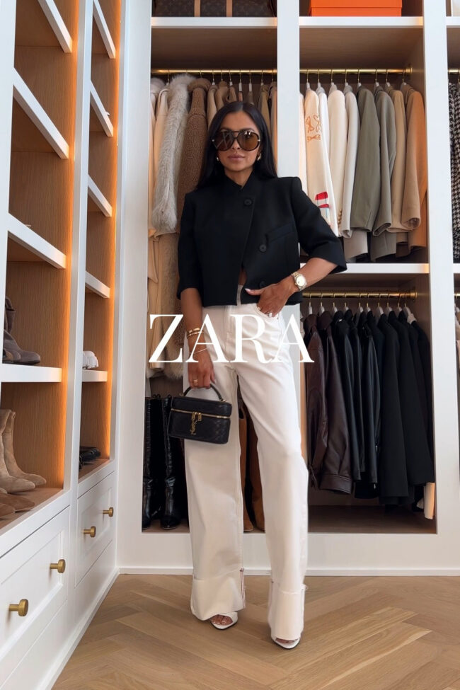 mia mia mine wearing a black short sleeve blazer from zara