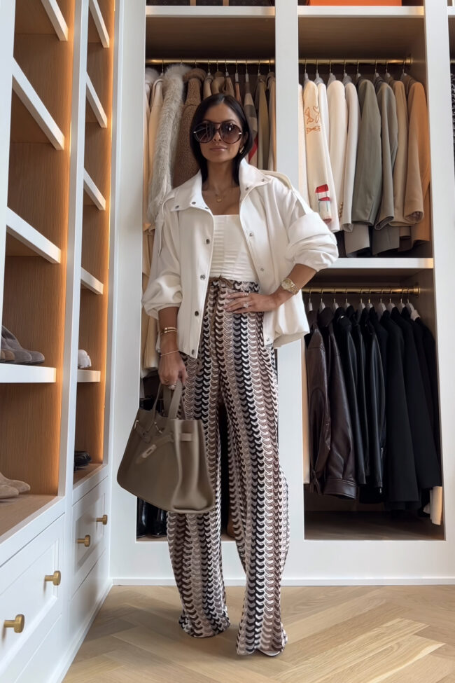 mia mia mine wearing amazon missoni-inspired coverup pants with a zara jacket