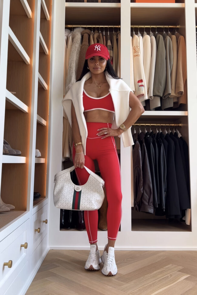 mia mia mine wearing a red alo inspired workout set from amazon