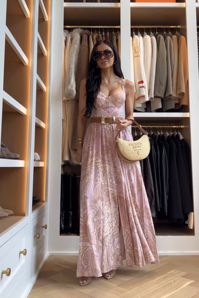 fashion blogger wearing a l'agence pink maxi dress for summer 