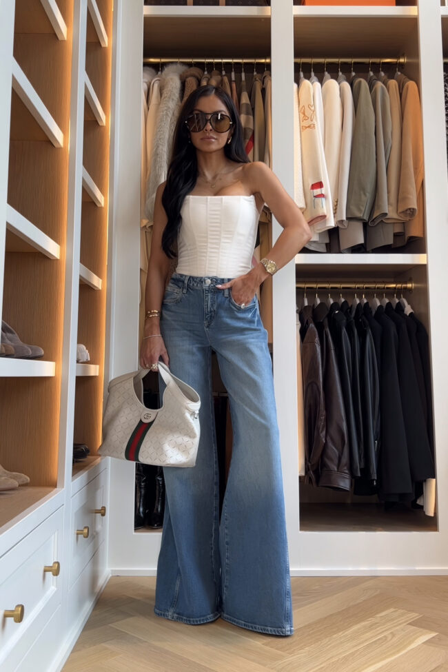 fashion blogger wearing l'agence beau wide leg jeans