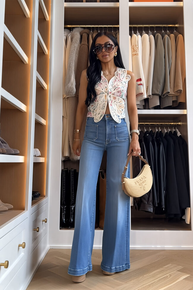 fashion blogger wearing mother patch pocket jeans with a farm rio vest