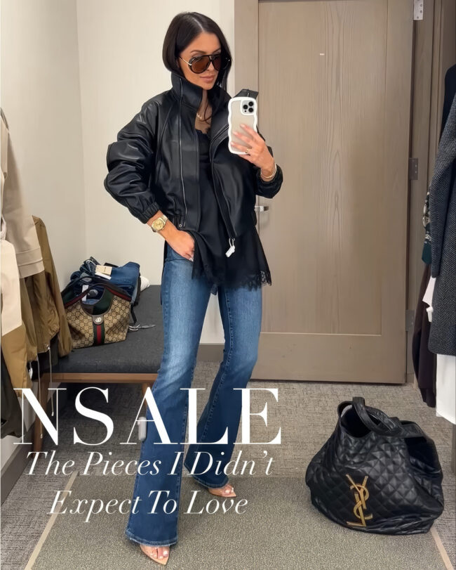 fashion blogger wearing a vince leather jacket from the nsale
