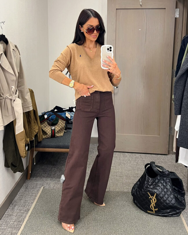 mia mia mine wearing brown wide leg jeans by frame from the nordstrom anniversary sale
