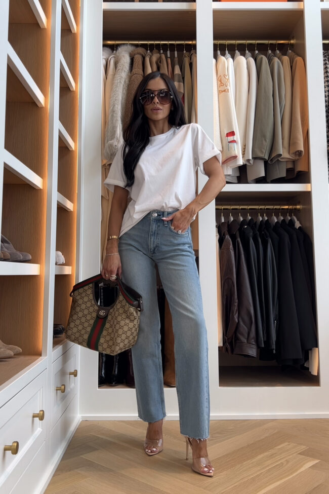 brunette fashion blogger wearing rag and bone straight leg jeans from the nordstrom anniversary sale
