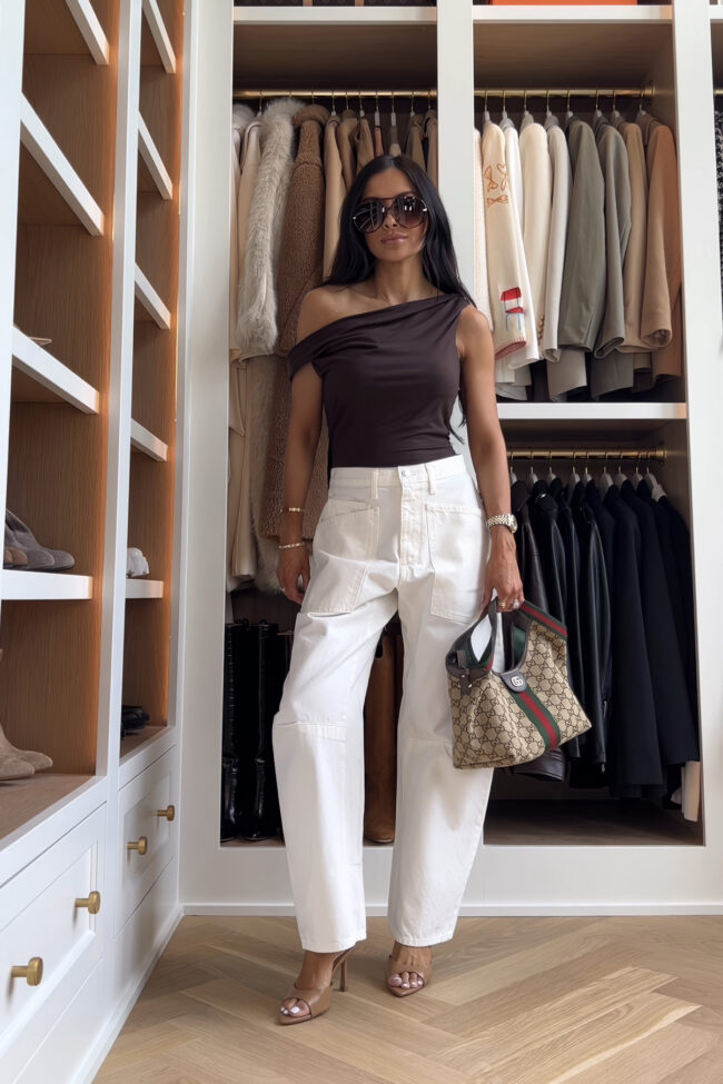 mia mia mine wearing nili lotan ecru barrel jeans