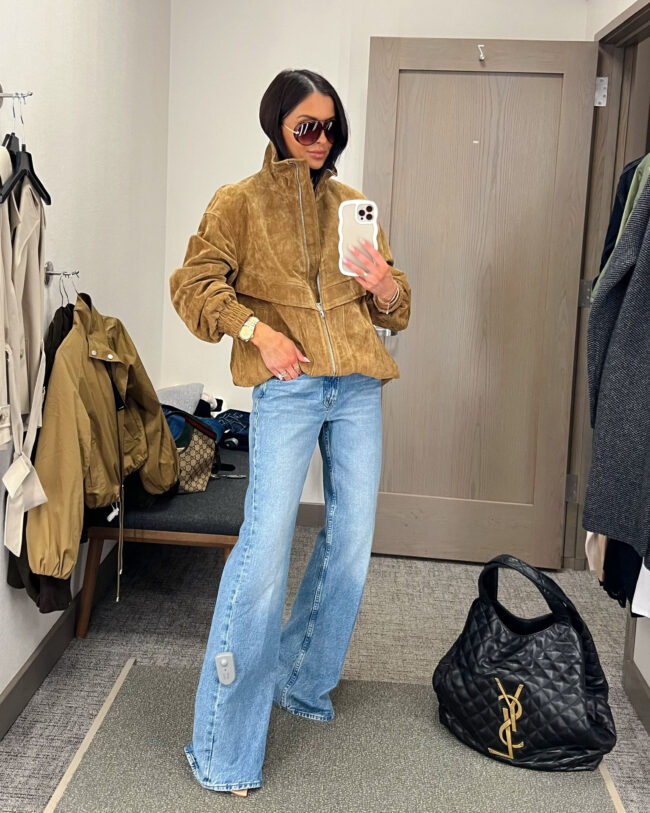 mia mia mine wearing a camel suede bomber jacket with mother jeans from the nordstrom anniversary sale