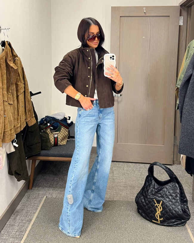 mia mia mine wearing an allsaints suede jacket from the nsale