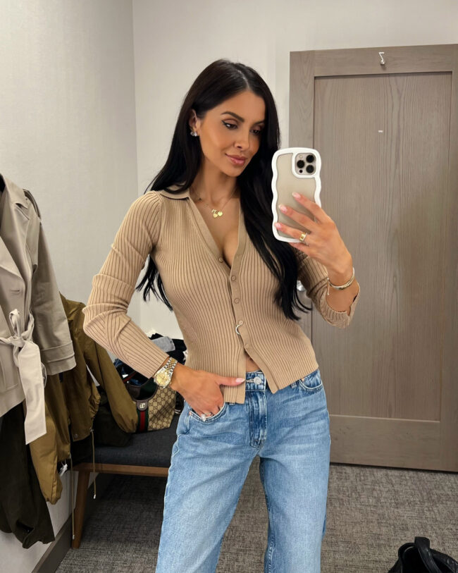 mia mia mine wearing an allsaints camel cardigan from the nordstrom anniversary sale
