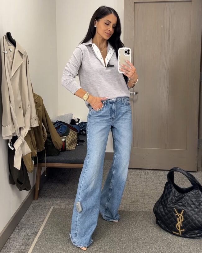fashion blogger wearing a gray vince polo top from the nsale