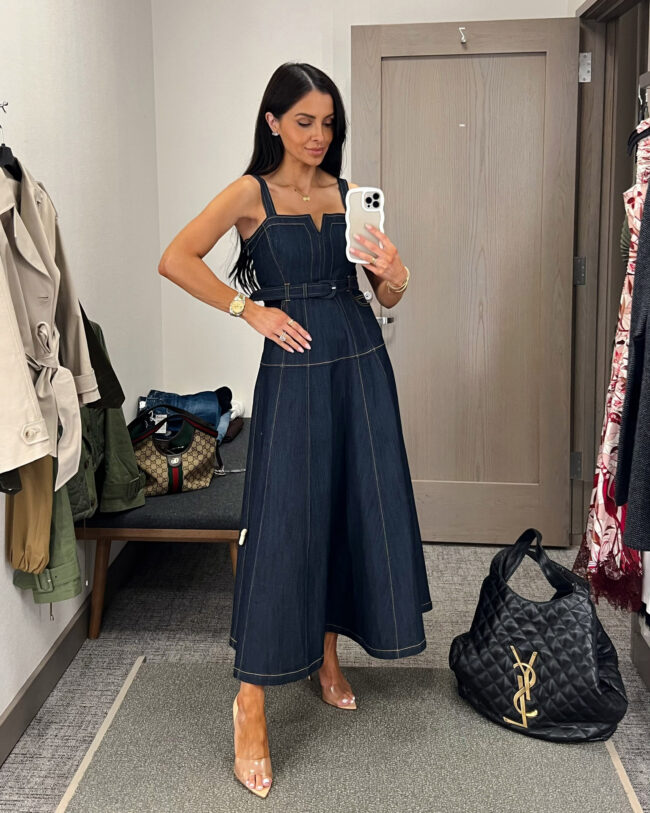 mia mia mine wearing a denim midi dress from the nordstrom anniversary sale