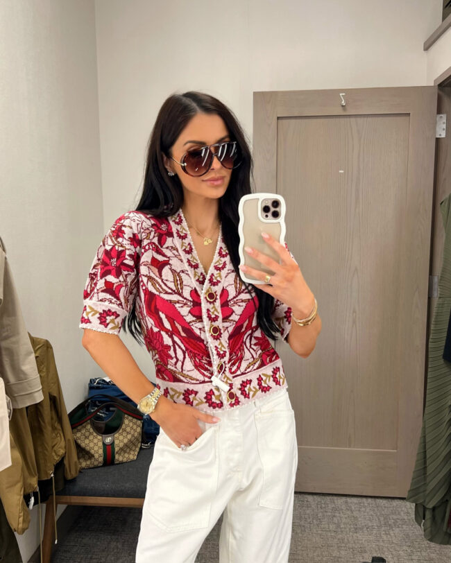mia mia mine wearing a red farm rio cardigan from nordstrom