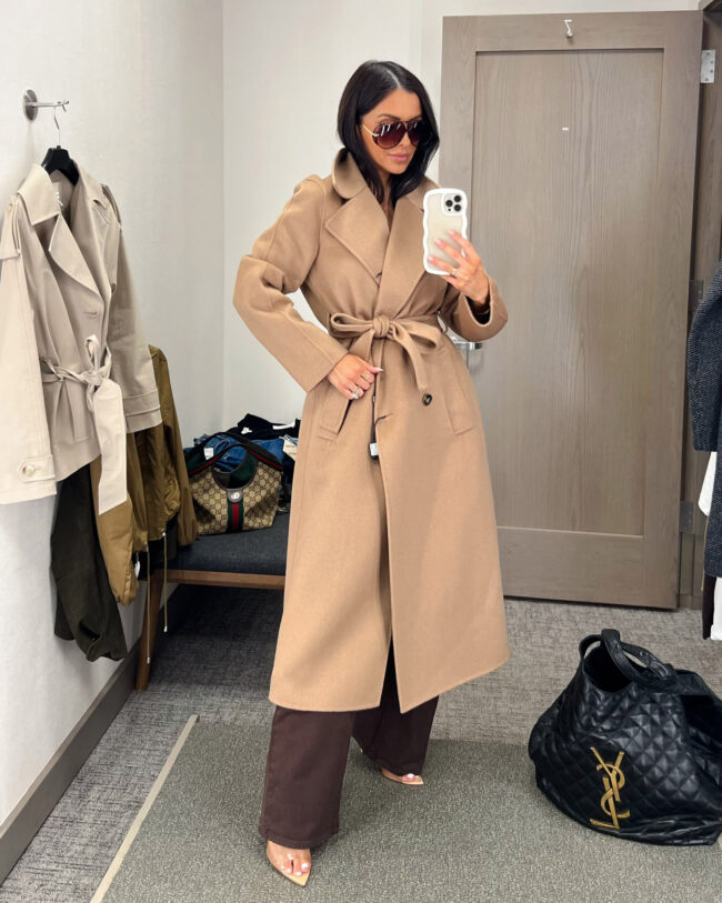 mia mia mine wearing a reiss camel coat from the nordstrom anniversary sale