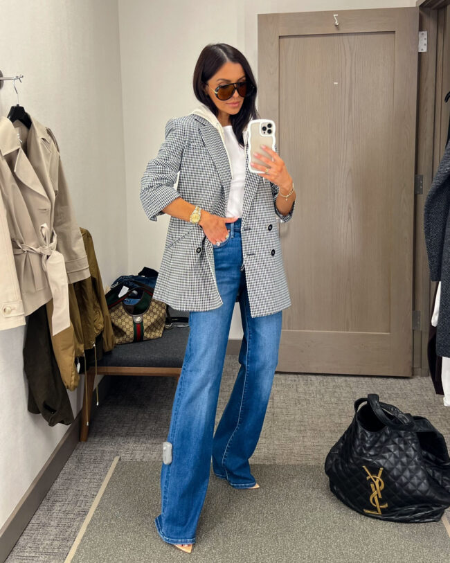 mia mia mine wearing a veronica beard blazer with mother jeans from the nsale