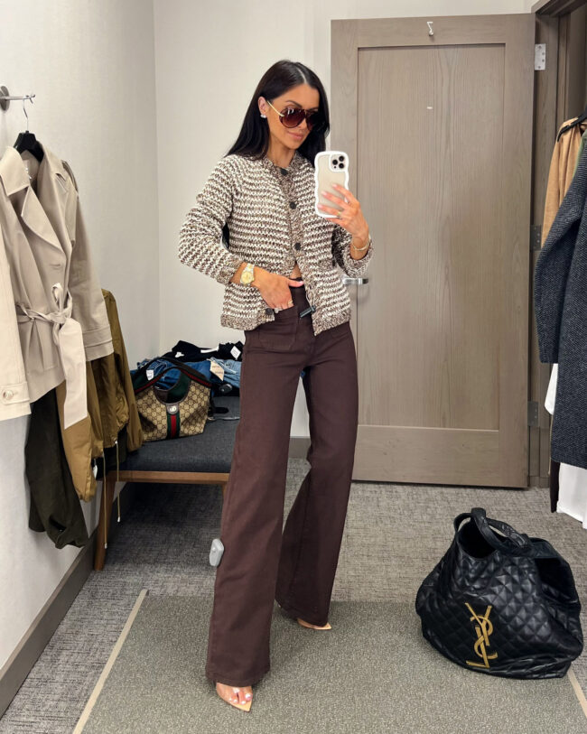 mia mia mine wearing a veronica beard cardigan with frame brown denim from the nsale