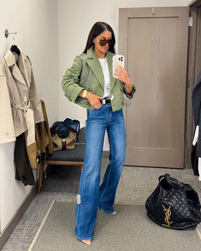 mia mia mine wearing a veronica beard green jacket with mother kick it jeans from the nsale