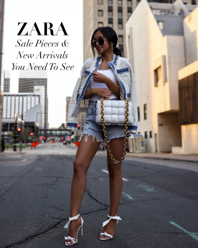 fashion blogger wearing a tweed jacket and denim shorts