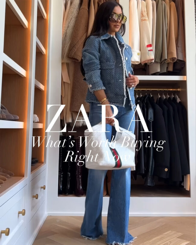 mia mia mine wearing a zara denim jacket that looks like chanel