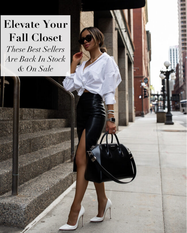 fashion blogger mia mia mine wearing a faux leather skirt from revolve