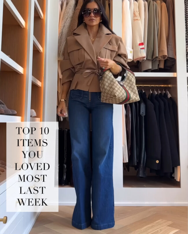 brunette fashion blogger wearing mother wide leg jeans