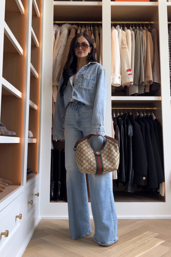 mia mia mine wearing an aritzia denim shirt with mother jeans
