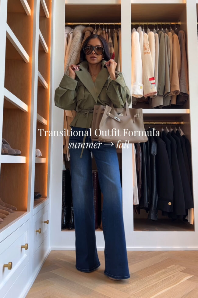 mia mia mine wearing a revolve green jacket with mother hustler jeans