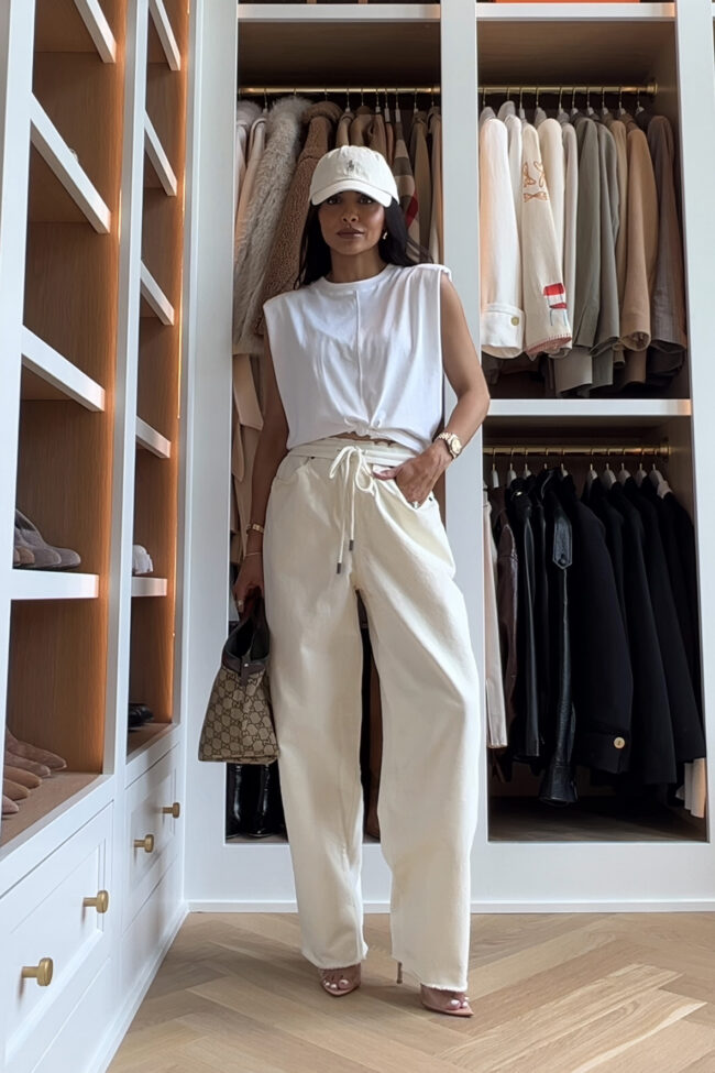 brunette fashion blogger wearing denim sweatpants from target
