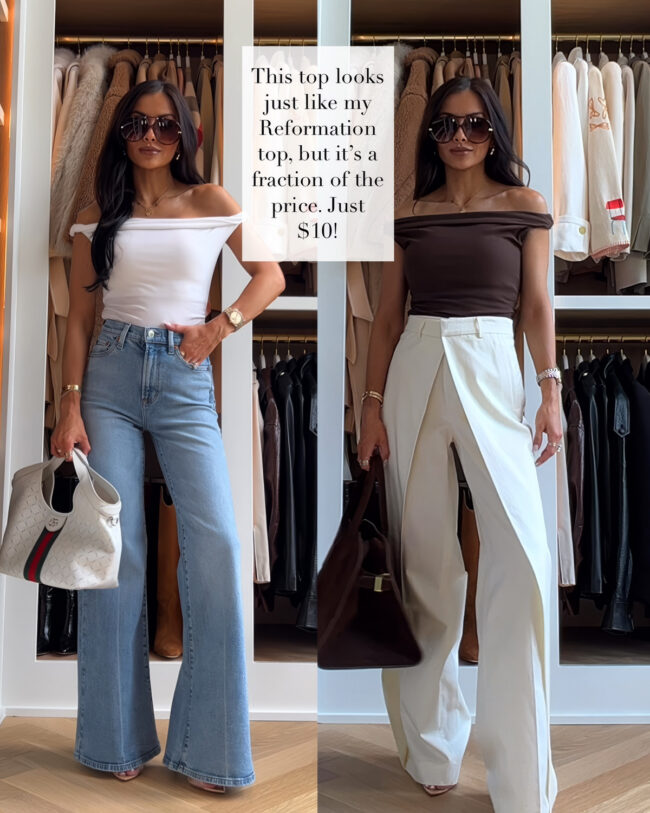 mia mia mine wearing a target off-the-shoulder top that looks like reformation