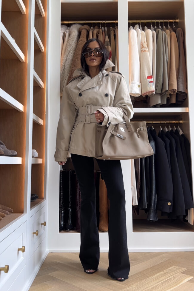 brunette fashion blogger wearing a cropped trench coat from target