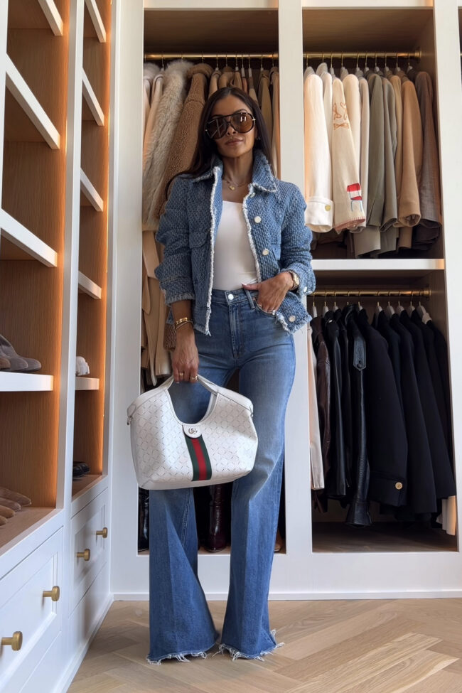 fashion blogger mia mia mine wearing a zara denim jacket with mother flared denim