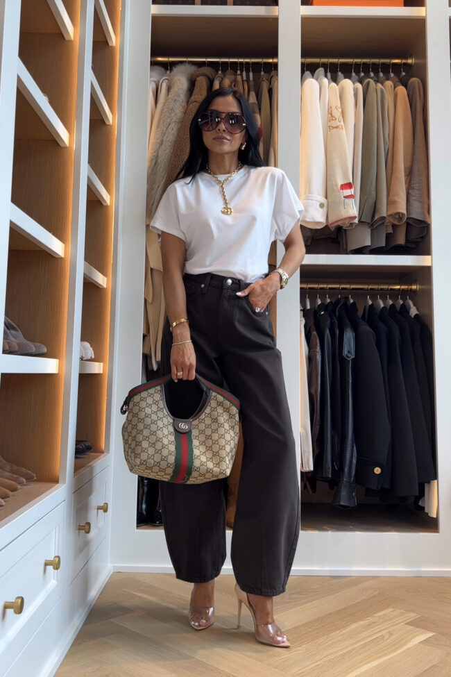 fashion blogger wearing brown barrel jeans from target