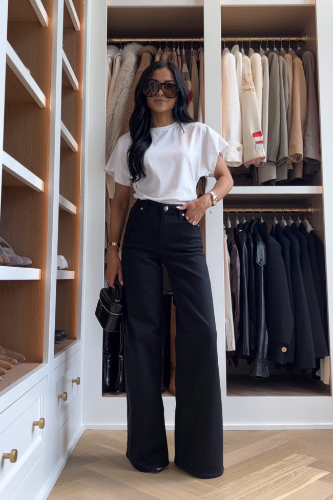 fashion blogger wearing a black wide leg jeans from target